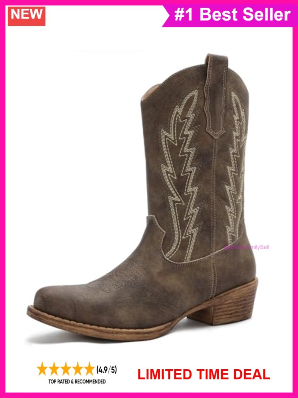 Faux Leather Cowboy Boots Mid-Calf Western Block Heel Zip